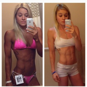 HF Client Becca Mack-7 weeks post show she had only gained a couple pounds but added over 900 calories to her diet. 